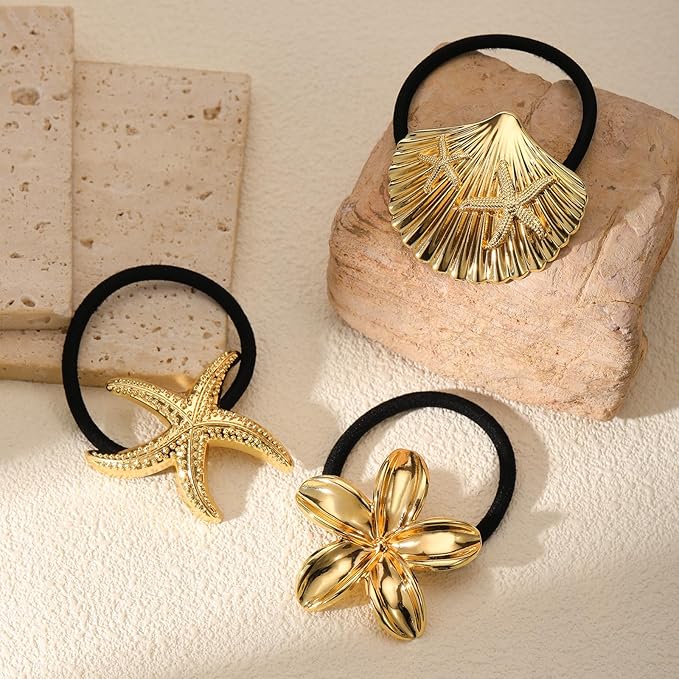 3PCS Gold Hair Ties, Metal Hair Ties for Thick Hair, Elegant Durable Geometric Design, Gold Hair Accessories Stretchy and Non-Damage Ponytail Holders, Ocean Pattern 3 Style