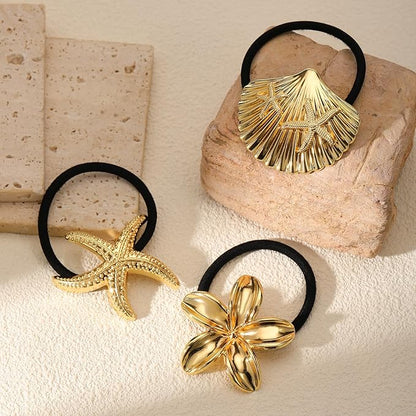 3PCS Gold Hair Ties, Metal Hair Ties for Thick Hair, Elegant Durable Geometric Design, Gold Hair Accessories Stretchy and Non-Damage Ponytail Holders, Ocean Pattern 3 Style
