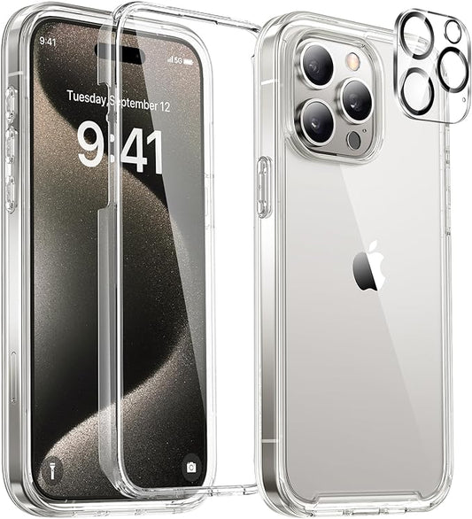 Miracase Glass Series for iPhone 15 Pro Max Case 6.7 Inch, Full-Body Drop Proof Phone Case for iPhone 15 Pro Max with Built-in 9H Tempered Glass Screen Protector + Camera Protector, Clear