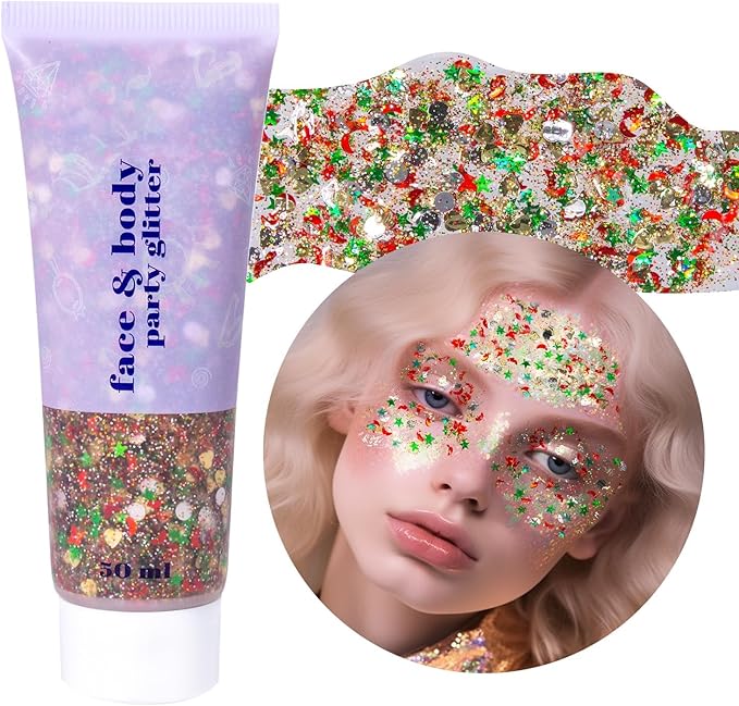DAGEDA Body Glitter Gel, Face Glitters Body Gel Sequins Shimmer Liquid Eyeshadow, Chunky Glitter for Face Hair, Holographic Cosmetic Laser Powder Festival Glitter Makeup1.7oz (Christmas)