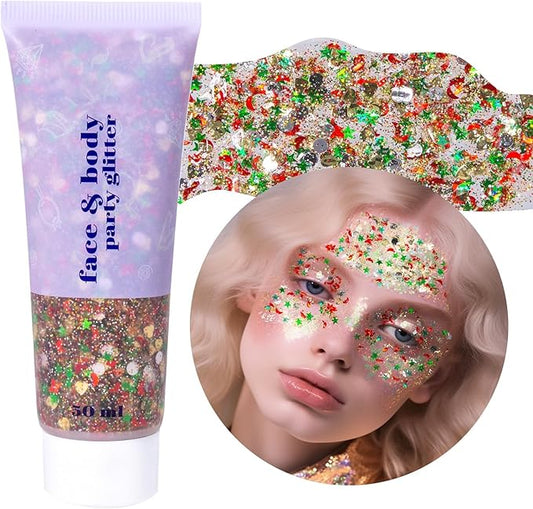 DAGEDA Body Glitter Gel, Face Glitters Body Gel Sequins Shimmer Liquid Eyeshadow, Chunky Glitter for Face Hair, Holographic Cosmetic Laser Powder Festival Glitter Makeup1.7oz (Christmas)