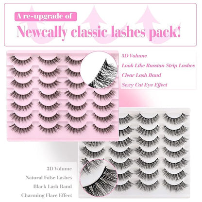 Newcally Lashes False Eyelashes Natural Look Lashes Mink Wispy 3D Volume Fake Eyelashes 5D Strip Cat Eye Lashes Pack Clear Lash Band Individual Eyelash 14 Pairs