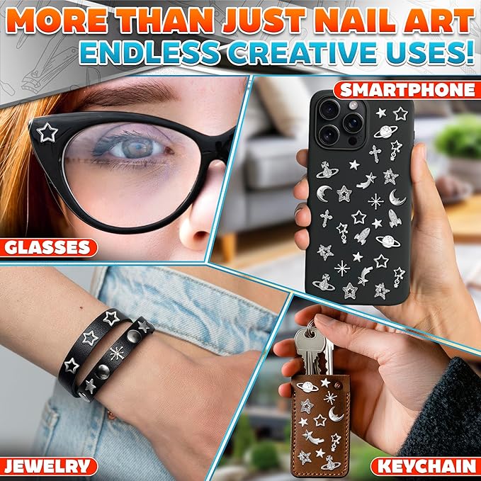 110 Pcs Silver Nail Charms and Gems - Complete Art Set with Cross, Planet, Piercing Ring & Silver Star Nail Charms Designs with Rhinestones - Easy-to-Apply, Sturdy Acrylic for Stylish Manicures