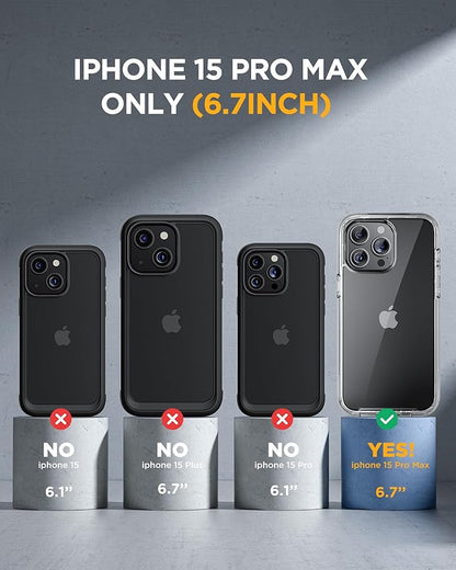 Miracase Glass Series for iPhone 15 Pro Max Case 6.7 Inch, Full-Body Drop Proof Phone Case for iPhone 15 Pro Max with Built-in 9H Tempered Glass Screen Protector + Camera Protector, Clear Black
