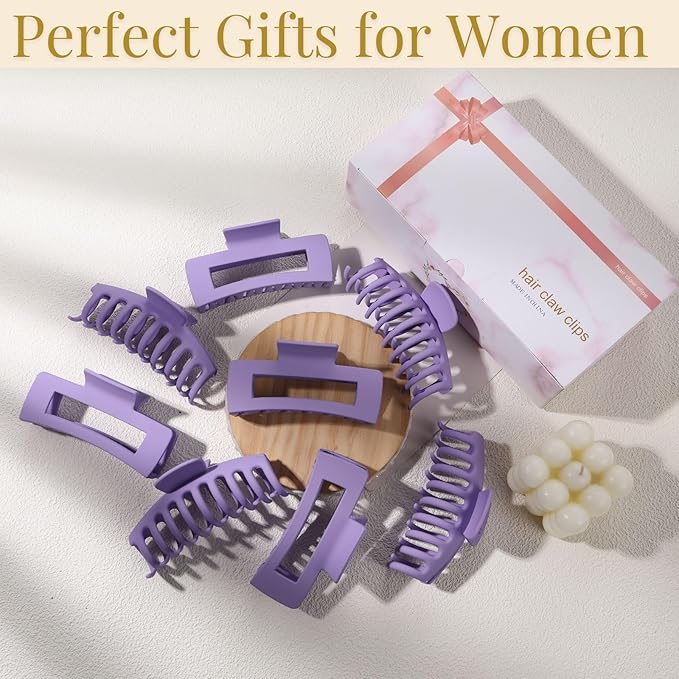 Purple Hair Clips for Women - 8 Pack 4.3 Inch Large Hair Claw Clips for Women Thin Thick Curly Hair, Big Matte Banana Clips,Strong Hold jaw clips