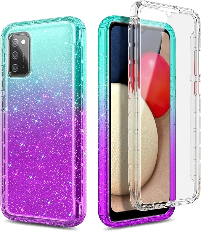 NZND Case for Samsung Galaxy A03S with [Built-in Screen Protector], Full-Body Protective Shockproof Rugged Bumper Cover, Impact Resist Phone Case (Glitter Aqua/Purple)