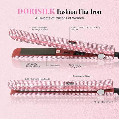DORISILK 480°F High Temp Titanium Flat Iron, Pink Hair Straightener and Curler 2 in 1 Bedazzled Rhinestone Crystal Bling Straightening Curling Flattening Iron 30s Fast Heat Dual Voltage 1" Soft Pink