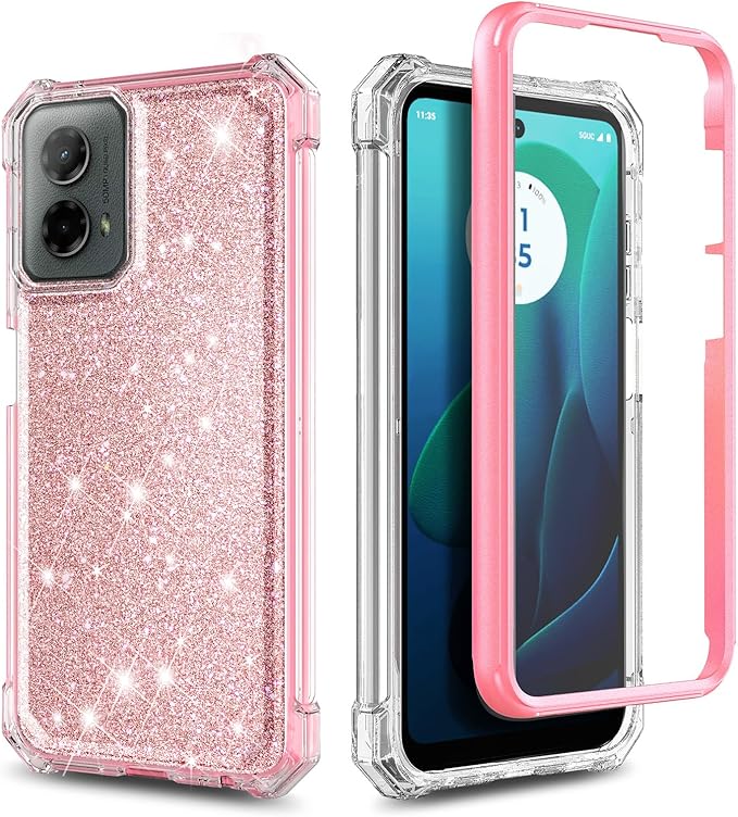 Designed for Motorola Moto G-Power-5G-2024 Case with Tempered Glass Screen Protector, 12FT Military Grade Drop Tested, Full-Body Protective Shockproof Bumper Cover, Glitter Rose Gold