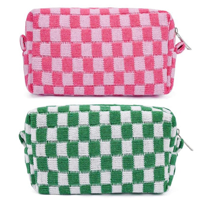 2 Pieces Makeup Bag Pouch Checkered Cosmetic Bag Pink Green, Travel Toiletry Bag Organizer Cute Makeup Brushes Storage Bag for Women