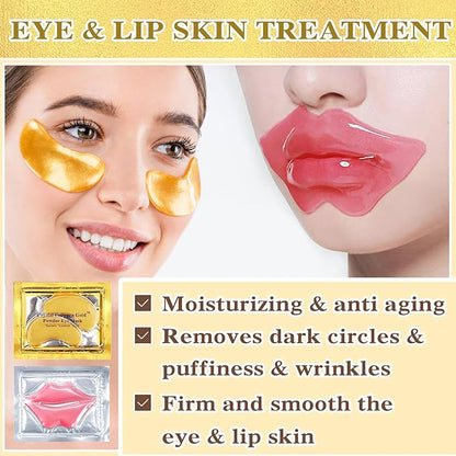 30PCS Lip Mask & Under Eye Mask, 24K Under Eye Patches for Puffy Eyes, Pink Lip Masks Skincare, Effectively Moisturizing the Lip & Eye Skin, Reducing Fine Lines & Dark Circle