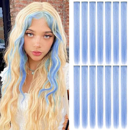 12 Pcs Colored Hair Extensions, 20 Inch Clip In Rainbow Hair Extensions Heat-Resistant Straight Hair Pices for Kids Women Cospaly Party Gift(Light blue)