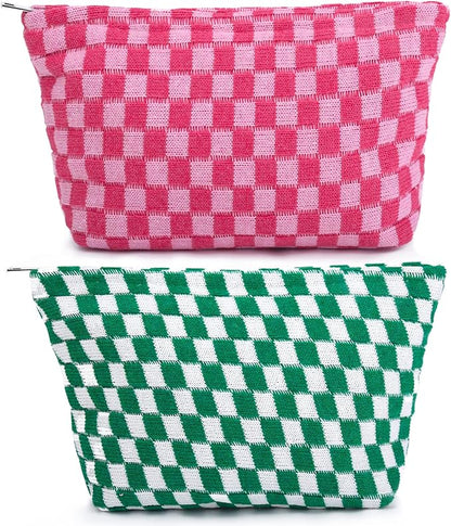 2 Pieces Makeup Bag Large Checkered Cosmetic Bag Capacity Canvas Travel Toiletry Bag Organizer Cute Makeup Brushes Aesthetic Accessories Storage Bag for Women, Checkered L Green Rose red