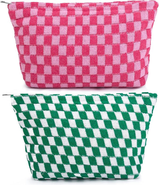 2 Pieces Makeup Bag Large Checkered Cosmetic Bag Capacity Canvas Travel Toiletry Bag Organizer Cute Makeup Brushes Aesthetic Accessories Storage Bag for Women, Checkered L Green Rose red