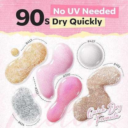 modelones Nail Polish, 6 Colors Summer Pink Gold Glitter Silvery Pearl Clear Quick Dry Mini Starter Set, Long Lasting Art DIY Manicure Kit at Home for Women Girls Wedding Gifts