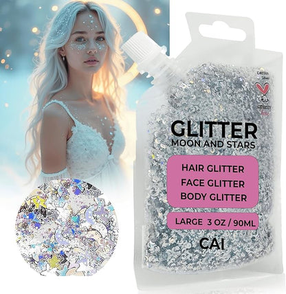 Hair Glitter Gel; Body Glitter & Face Glitter for Women/Kids (Large 3 Oz Silver) Moon & Stars; Iridescent Holograph Cosmetic Grade- Apply Without Glue, Easy to Take Off Keeps Skin Clean