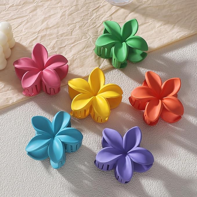 Hawaiian Plumeria Hair Accessories - 6 Pack Large Claw Clips for Thick and Thin Hair, Beach Tropical Hair Clips for Women and Girls -Dopamine