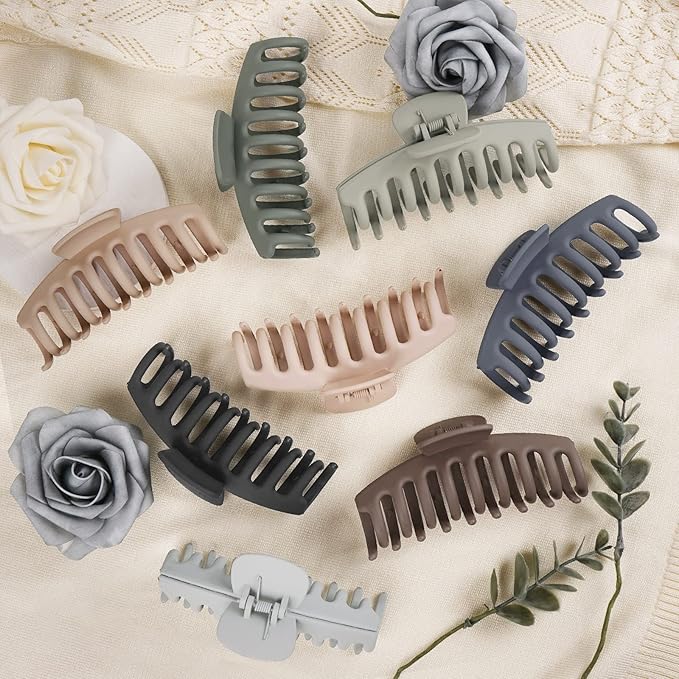 TOCESS Hair Claw Clips for Women – Large Clips for Thin Thick Hair Big Neutral Claw for Curly Hair Matte Nonslip Strong Hold 4.33 Inch Jumbo Claws Jaw Set (8 Pcs)