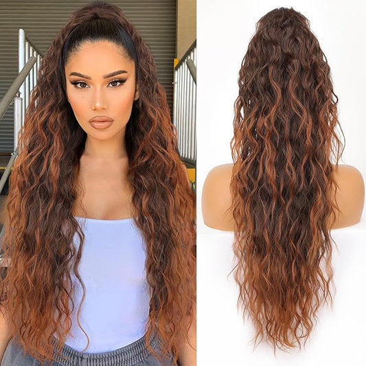 ORSUNCER Ponytail Extension Claw 30" Curly Pony Tail Clip in Claw Hair Extensions Fluffy Natural Looking Synthetic Hairpiece for Women Omber Almand Brown