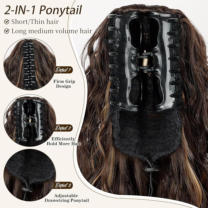 ORSUNCER Ponytail Extension Claw 30" Curly Pony Tail Clip in Hair Extensions Fluffy Natural Looking Synthetic Hairpiece for Women (Chocolate Brown with Caramel Blonde)