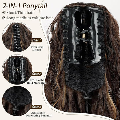 ORSUNCER Ponytail Extension Claw 30" Curly Pony Tail Clip in Hair Extensions Fluffy Natural Looking Synthetic Hairpiece for Women (Chocolate Brown with Caramel Blonde)