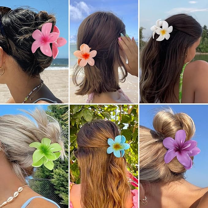 Hawaiian Plumeria Hair Accessories - 6 Pack Large Claw Clips for Thick and Thin Hair, Beach Tropical Hair Clips for Women and Girls -Hawaiian