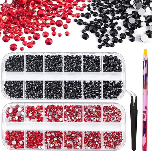3440PCS 6 Sizes Black and Red Glass Crystal Kit with Pickup Pen + Tweezer Tools for Iridescent Shine Nail Art Manicure Makeup DIY Deco Flatback Round Bead Rhinestone Gem Jewelry Diamond