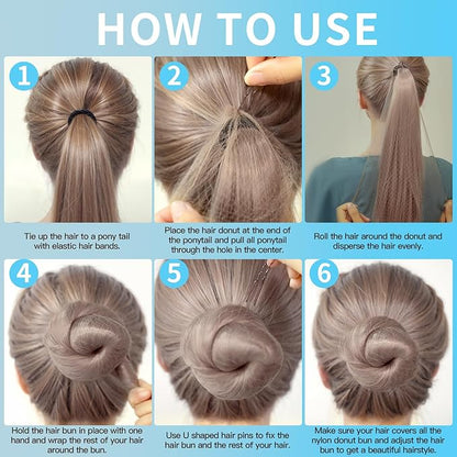 FANDAMEI Hair Donut Bun Maker Kit - 4 Hair Bun Maker, 20 Invisible Hair Nets for Buns, 5 Elastics, 20 Bobby Pins, Bun Nets for Ballet girls,Hair Donuts for Buns - Tan Brown