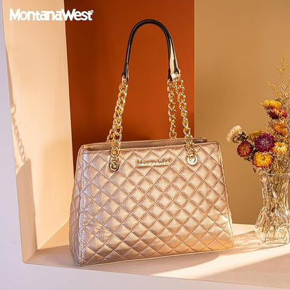 Montana West MEDIUM Tote Bag for Women Quilted Chain Handbags Shoulder Purse