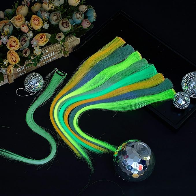 20 Pcs Glow in the Dark Colored Hair Extensions Clip 20 Inch Rainbow Party Hairpiece for Women, 10 Color(Dark Purple, Blue, Pink, Watermelon Red, Light Purple)