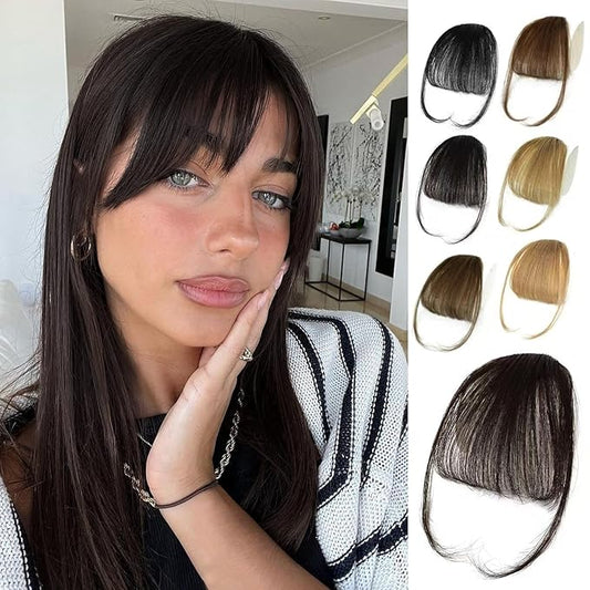 NAYOO Bnags Hair Clip- Dark Brown Fake Bangs 100% Real Human Hair Extensions Wispy Bangs for Women Fringe with Temples Hairpieces Curved Bangs for Daily Wear（Dark Brown Wispy Bangs）
