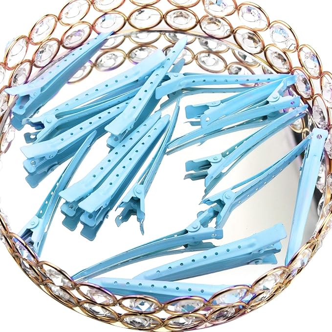 24 Packs Duck Bill Clips, Bantoye 3.35 Inches Rustproof Metal Alligator Curl Clips with Holes for Hair Styling, Hair Coloring, Blue