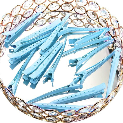 24 Packs Duck Bill Clips, Bantoye 3.35 Inches Rustproof Metal Alligator Curl Clips with Holes for Hair Styling, Hair Coloring, Blue