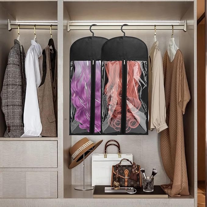 2PCS Wig Storage Bags with Hanger Hair Extension Holder Dust-proof Storage Organizer with Hook for Multiple Wigs Hair Extensions, wigs & accessories Holder Home Hair Salon Travel Use