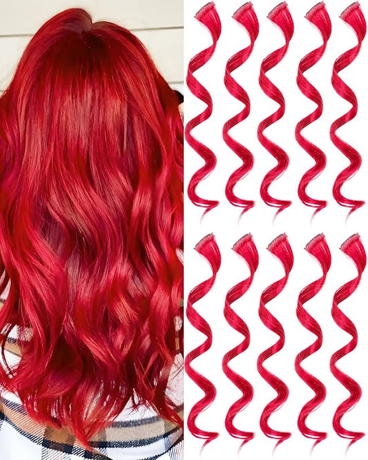 10 PCS Red Hair Extensions, Curly Wavy Synthetic Hairpieces Clip in Rainbow Neon Party Highlights, Colorful Hair Accessories for Girls Women 17 inch (Red)