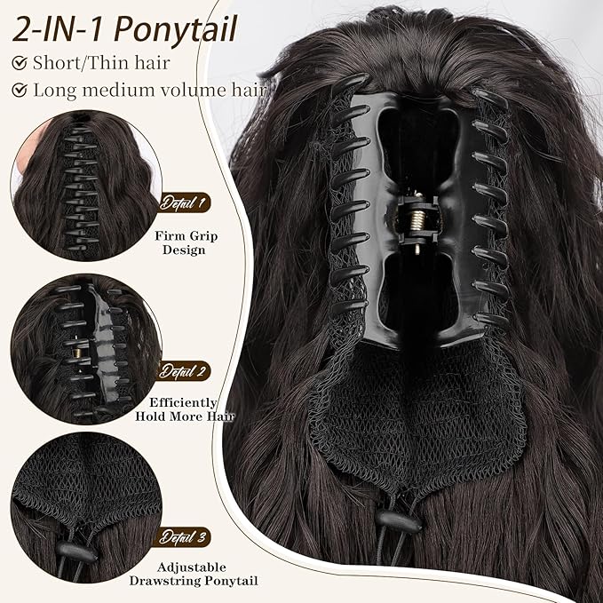 ORSUNCER Ponytail Extension 18" Curly Pony Tail Clip in Claw Ponytail Fluffy Natural Looking Synthetic Hairpiece for Women