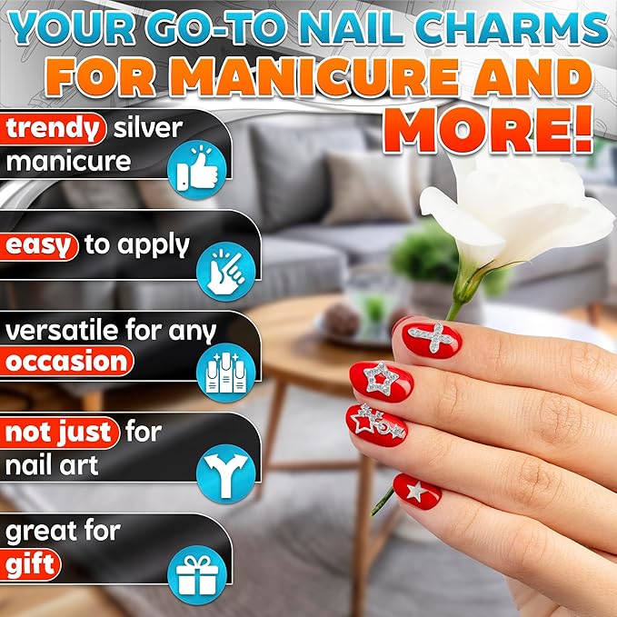110 Pcs Silver Nail Charms and Gems - Complete Art Set with Cross, Planet, Piercing Ring & Silver Star Nail Charms Designs with Rhinestones - Easy-to-Apply, Sturdy Acrylic for Stylish Manicures