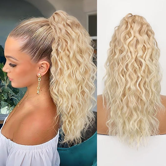 ORSUNCER 18" Ponytail Extension Claw Clip in Hair Extensions Curly Pony Tail Fluffy Natural Looking Synthetic Hairpiece for Women Omber Blonde