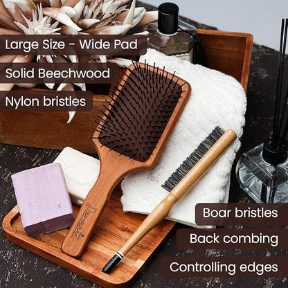 2 Packs Wooden Hand Made Detangling Paddle and Teasing Boar Bristle Hairbrush, Comfortable Gently Detangles, Reduce breakage, Pain-Tangle Free Brushing, All Wet, Dry Hair Types, Women, Men
