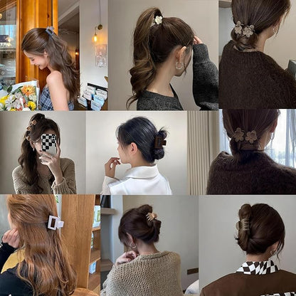 Hair Clip Set, 16Pcs Medium Claw Clips for Women Girls, Matte Rectangle Double Row Teeth Flower Semicircle Small Clips for Thin/Medium Thick Hair, Nonslip Clips (Beige, Khaki, Brown, Black)