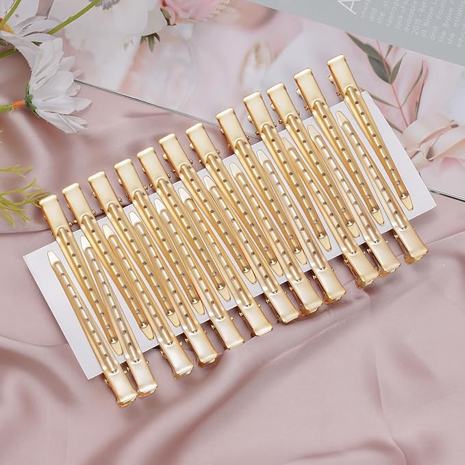 24 Packs Duck Bill Clips, Bantoye 3.35 Inches Rustproof Metal Alligator Curl Clips with Holes for Hair Styling, Hair Coloring, Matte Gold