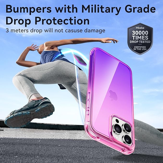 Mkeke for iPhone 15 Pro Case,[Not Yellowing] [Military Grade Protection] Shockproof Phone Case for Apple iPhone 15 Pro 2023 Gradient Purple Pink