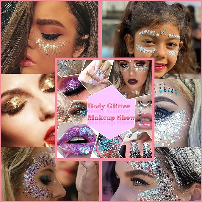 Body Glitter Face Glitter Gel: Singer Concerts Disco Festival Rave Accessories Face Glitter Makeup 150ml Chunky Sequins Mermaid Face Body Hair Glitter Gel (White&Silver&Purple)