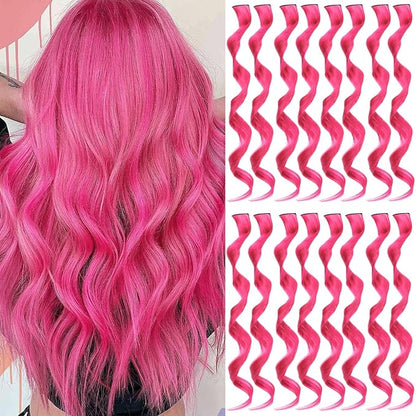 16 Pcs Colored Hair Extensions Curly Wavy Clip in Synthetic Hairpiece Streak for Girls Women Kids, Multi-colors Party Highlights Cosplay Festival Favor Gift(Hot Pink)