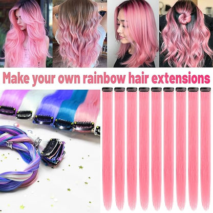 22 inch Colored Hair Extensions Straight Hairpiece, Multi-colors Party Highlights Clip in Synthetic Hair Extensions for Kids Women Gift(10 PCS Pink)