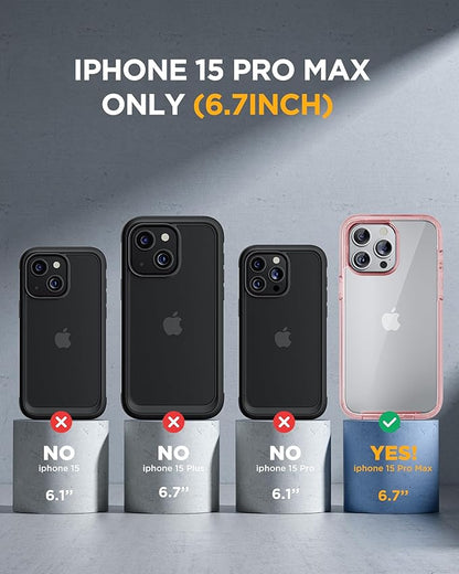 Miracase Glass Series for iPhone 15 Pro Max Case 6.7 Inch, Full-Body Drop Proof Phone Case for iPhone 15 Pro Max with Built-in 9H Tempered Glass Screen Protector + Camera Protector, Clear Pink