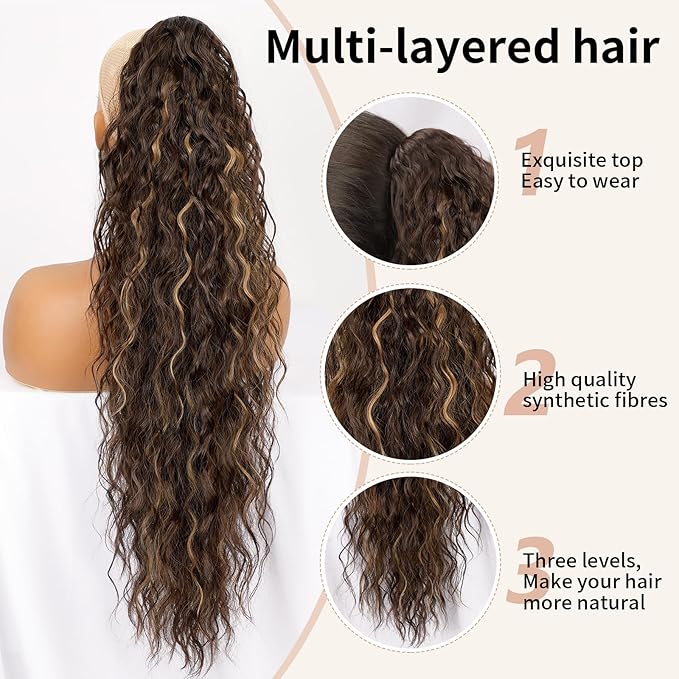 ORSUNCER Ponytail Extension Claw 30" Curly Pony Tail Clip in Hair Extensions Fluffy Natural Looking Synthetic Hairpiece for Women (Chocolate Brown with Caramel Blonde)