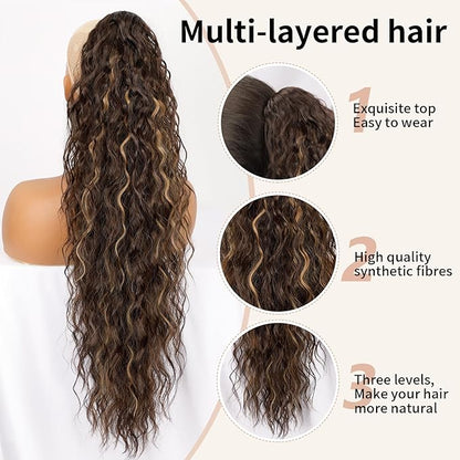ORSUNCER Ponytail Extension Claw 30" Curly Pony Tail Clip in Hair Extensions Fluffy Natural Looking Synthetic Hairpiece for Women (Chocolate Brown with Caramel Blonde)