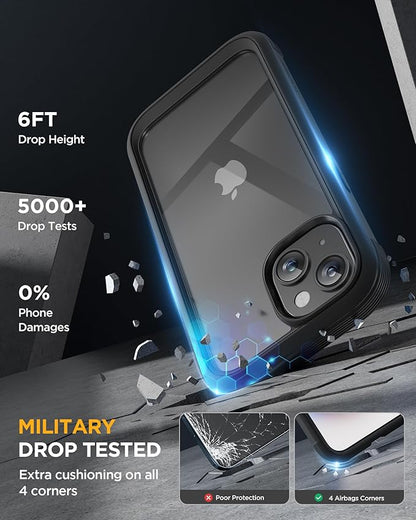 Miracase Glass Series Designed for iPhone 15 Plus Case 6.7',Full-Body Military Drop Proof 15 Plus Phone Case Cover with Built-in 9H Tempered Glass Screen Protector,Black