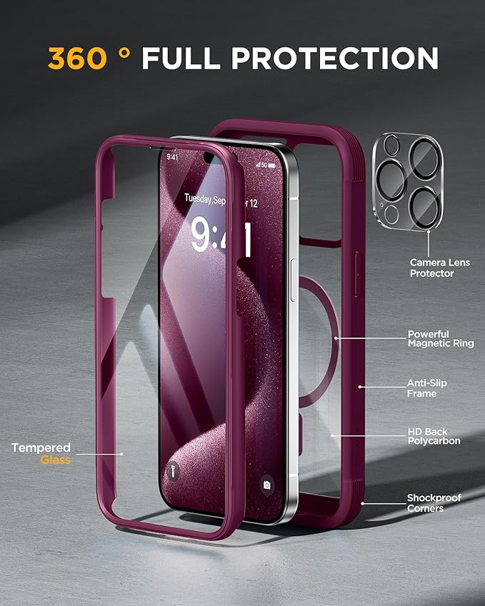 Miracase Magnetic for iPhone 12 Pro Max Case [Compatible with MagSafe] Full-Body Phone case with Built-in Glass Screen Protector& Camera Protector, Military Drop Proof 12 Pro Max Cover, Wine Red
