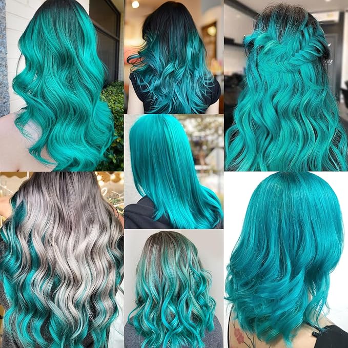 16 Pcs Colored Hair Extensions Curly Wavy Clip in Synthetic Hair Extensions,Colorful Party Highlights Hairpiece Streak for Girls Women Kids(Teal Blue)